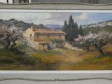 an oil painting of a house in a field with trees in the background