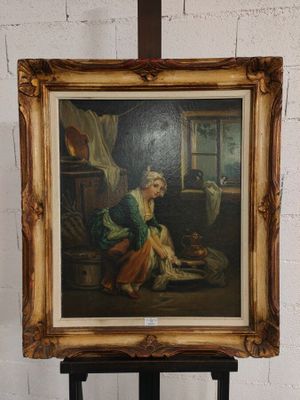 tableau représentant une femme assise sur un tabouret devant un mur de briques