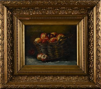 a painting of apples in a basket on a table