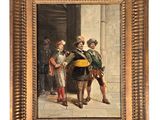 une peinture à l'huile représentant deux hommes debout devant un bâtiment