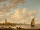 a painting of boats on the water with a castle in the background