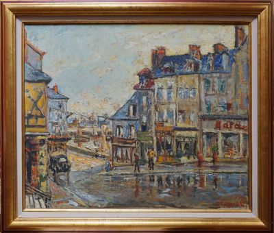 une peinture à l'huile représentant une scène de rue en ville avec une calèche
