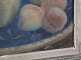 a painting of a bowl of fruit on a table