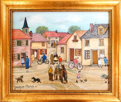 un tableau représentant une scène de village avec des personnages et des animaux