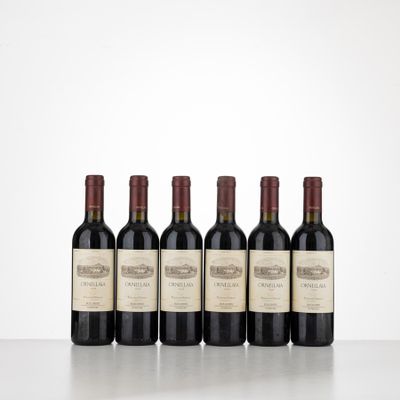 six bottles of red wine lined up on a table
