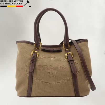 sac fourre-tout Prada en toile avec des anses en cuir marron
