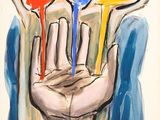 un dessin représentant une main tenant trois ballons colorés