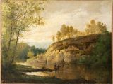 une image d'une peinture représentant une rivière dans une zone boisée