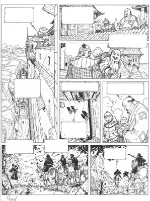 une page en noir et blanc tirée d'une bande dessinée, sur laquelle figure l'image d'un homme à cheval