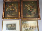 three framed paintings of flowers in a vase on a wall