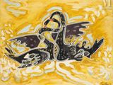 une image représentant un tableau où l'on voit deux cygnes noirs nager sur l'eau