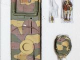 a toy tank with a soldier figure on it next to other items