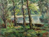 une peinture à l'huile représentant des arbres près d'un plan d'eau