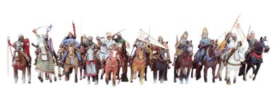 plusieurs figurines représentant des personnages à cheval, armés de lances et de javelots
