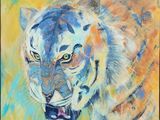 a painting of a tiger on a yellow background