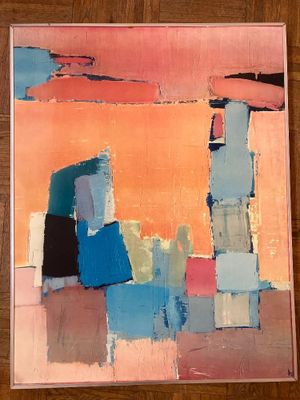 peinture abstraite aux tons orange, bleu, rose et vert sur un support en bois