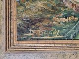 an oil painting of a train traveling over a bridge over a river