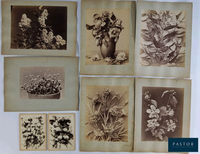 plusieurs vieilles photos de fleurs dans un vase posé sur une table