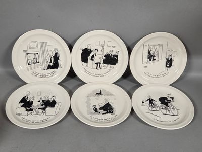 six white plates with black and white illustrations of people sitting at a table
