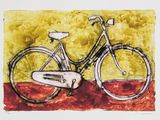 un dessin représentant un vélo sur un fond jaune et rouge