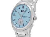 an image of a silver watch with a blue dial on a bracelet