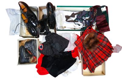 several pairs of shoes and clothes are in a box on a white surface