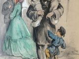 drawing of a man in a top hat and a woman in a long dress and a child in a blue dress