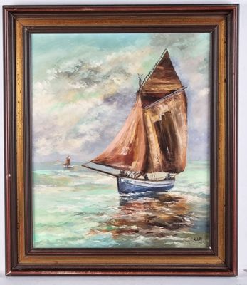 framed oil painting of a sailboat in a calm sea
