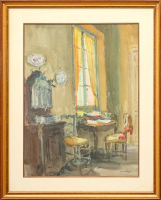 an image of a painting of a dining room with a table and chairs