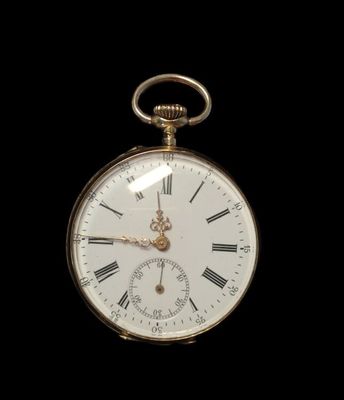 a gold pocket watch with roman numerals on the face