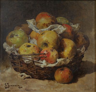 tableau représentant des pommes et des poires dans un panier en osier posé sur une table