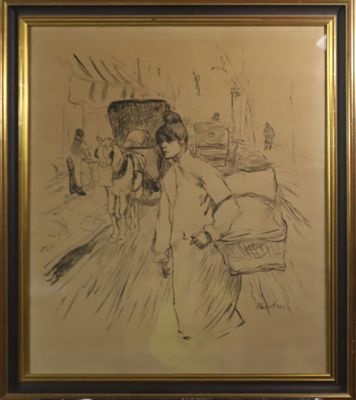 dessin représentant une femme marchant dans la rue avec un enfant sur le dos