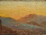 une peinture à l'huile représentant un paysage de montagne avec une personne à cheval