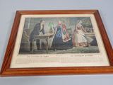 une vieille gravure représentant une femme et deux hommes assis à une table