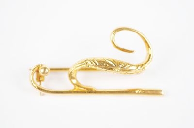 a gold pin with a snake on it on a white surface