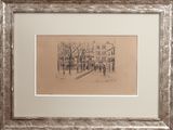 framed drawing of a street scene with a horse drawn carriage