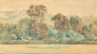 une image d'un tableau représentant un paysage avec des arbres au premier plan