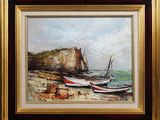 a painting of boats on the beach by the water
