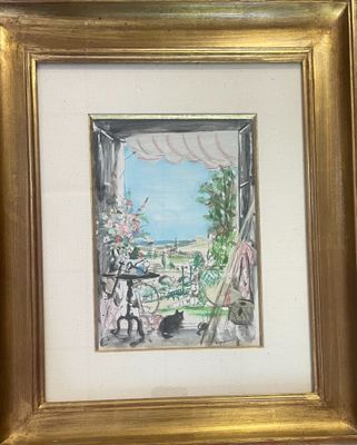 tableau encadré représentant une femme et un chat sur un balcon