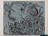 an image of a black and white drawing of a man on a horse