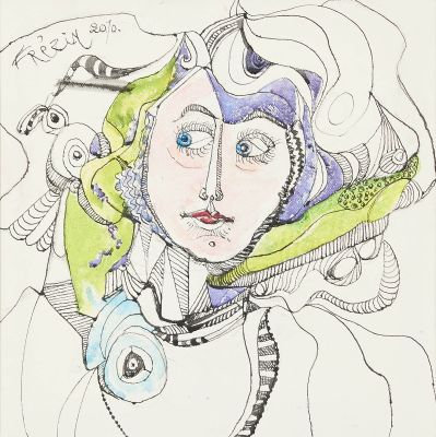 dessin représentant une femme avec un oiseau sur la tête et un serpent sur l'épaule