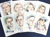 several portraits of people are shown in a row on a blue surface