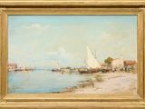 une peinture à l'huile représentant un voilier sur l'eau, près d'une plage