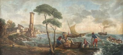tableau représentant des personnes sur un bateau au milieu d'un plan d'eau, avec un phare en arrière-plan