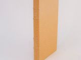 an orange book sitting on top of a white surface