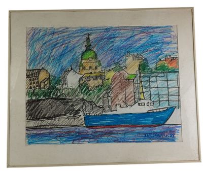 drawing of a boat in the water with a city in the background