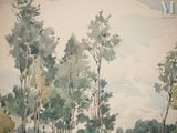 a painting of trees in a field with a clock on the wall