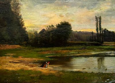 a painting of a man and a woman sitting on the bank of a river