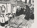 drawing of a group of people standing in front of a church