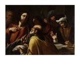 painting of a group of people sitting around a table with a man holding a book